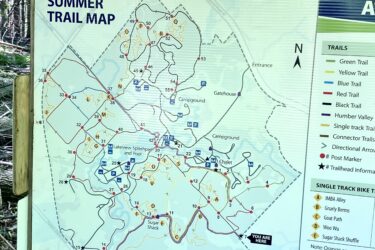 Alt text: A summer trail map displayed on a wooden structure, showing various hiking and biking trails, marked in different colors. Key features include trail names, a campground, a gatehouse, and locations for permitted activities such as mountain biking and hiking. A 'You Are Here' marker indicates the viewer's current position on the map. The background features tall trees typical of a forested area. Albion Hills mountain bike trail.