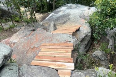 A wooden plank bridge spanning a gap between large rocks in a wooded area, surrounded by lush green trees and vegetation. Battle Park mountain bike trail.