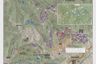 Map of Old Fort Trails Project, featuring proposed trail routes for hiking, biking, and horseback riding. Includes detailed pathways, trail designations, and important landmarks such as Curtis Creek Campground and Point Lookout. Highlights proposed changes to enhance sustainability and accessibility for outdoor activities. Old Fort Gateway Trail System mountain bike trail.