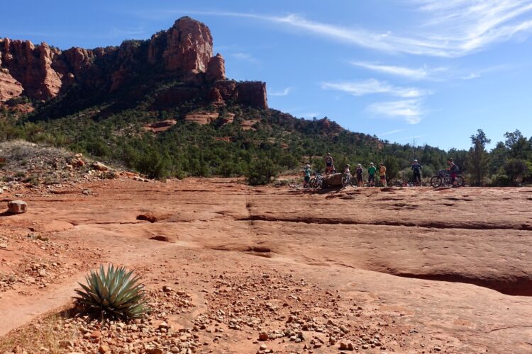 A group of mountain bikers gathered on a rocky terrain surrounded by red rock formations and greenery under a blue sky with wispy clouds. In the foreground, a large agave plant is visible on the red rocky surface.