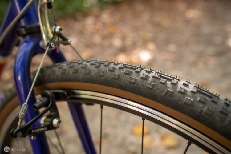 Close-up image of a bicycle wheel showing a textured tire with a knobby pattern, a portion of the bicycle frame in vibrant blue, and a brake mechanism. The background features a blurred, natural landscape with leaves and soft lighting.