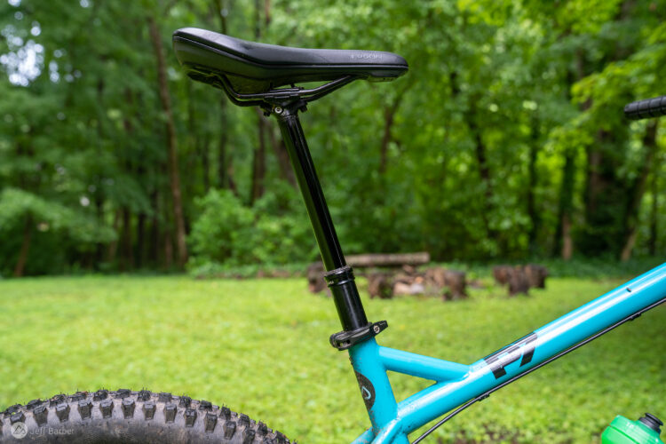 Close-up of a mountain bike saddle and seat post against a lush green background, showcasing the bike's frame and tire. The saddle is black, and the frame is a vibrant blue color.