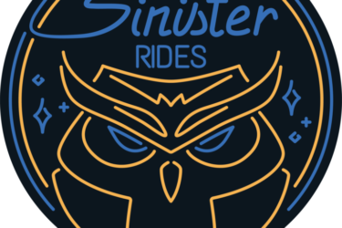 Logo design featuring an owl with a striking facial expression, surrounded by a circular frame. The text "Sinister Rides" is prominently displayed in a stylish font, with the word "Sinister" curved above the owl and "RIDES" beneath it. The color scheme is dark with contrasting lines in blue and gold, giving it a modern and edgy appearance. Decorative elements, like small stars and sparkles, enhance the design.
