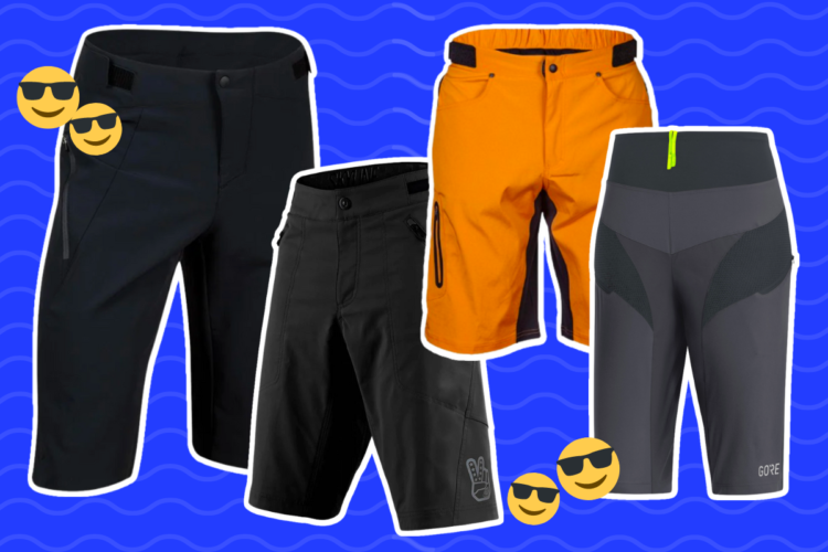 A digital collage showcasing five pairs of outdoor shorts in various styles and colors, including black, orange, and gray. The background features a playful blue wave pattern, adding a fun vibe to the image. Sunglasses emoji accents enhance the theme of summer and outdoor activities.