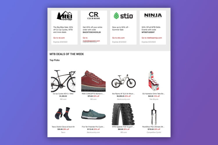 Image showing a promotional email featuring mountain biking deals and discounts. The top section includes logos for REI, Club Ride, Stio, and Ninja, along with special offer details. Below, there are product listings for various biking gear including a Co-op Cycles bike, shoes, gloves, hydration products, and tires, along with their prices and discounts. The overall design has a clean layout with a purple background.