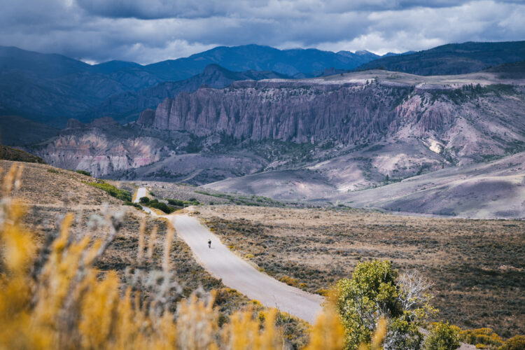 A scenic landscape featuring a winding dirt road leading into the mountains, surrounded by rolling hills and rocky cliffs under a cloudy sky. The foreground includes tall grasses and shrubs, while distant rugged terrain and peaks create a picturesque backdrop.