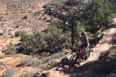 A mountain biker riding on a narrow dirt trail through a rugged landscape, surrounded by shrubs and rocky terrain, with distant hills visible in the background under a clear blue sky. Falcon Flow mountain bike trail.