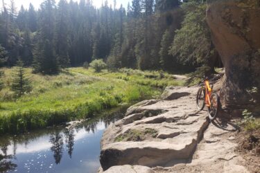 Mountain bike parked on rocky terrain by a serene stream, surrounded by dense pine trees and lush green grass, under a clear blue sky. East Fork mountain bike trail.