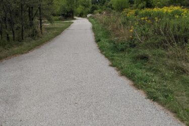A wide, paved path winding through a lush landscape with trees and wildflowers on either side, under a cloudy sky. Olson Park mountain bike trail.