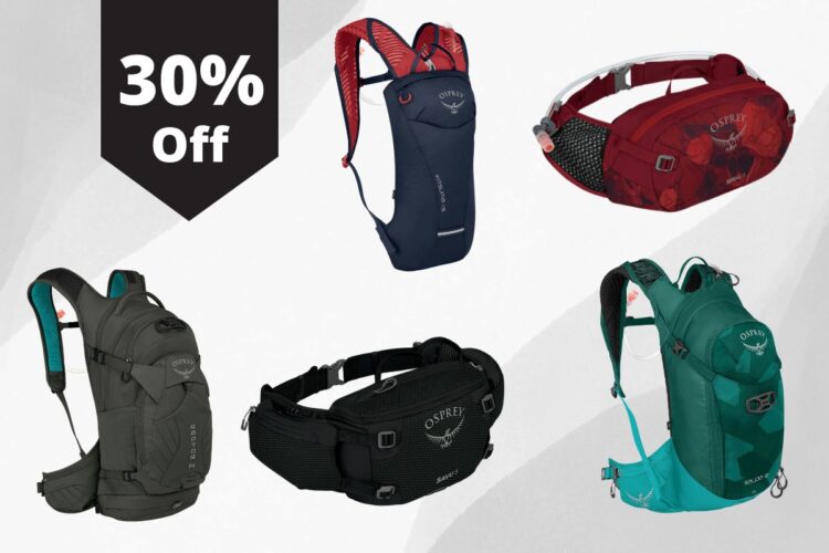 A collection of five Osprey backpacks and waist packs, displayed with a banner indicating a "30% Off" sale. The products include a black hydration pack, a dark blue backpack with red accents, a red waist pack, a black fanny pack, and a teal backpack. The background is a light gray with abstract shapes.