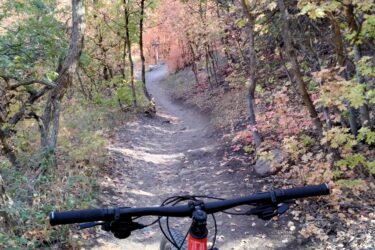 A view from the handlebars of a mountain bike on a winding trail surrounded by vibrant autumn foliage. The path is narrow and meanders through trees with colorful leaves, creating a scenic outdoor setting. Canyon Hollow mountain bike trail.