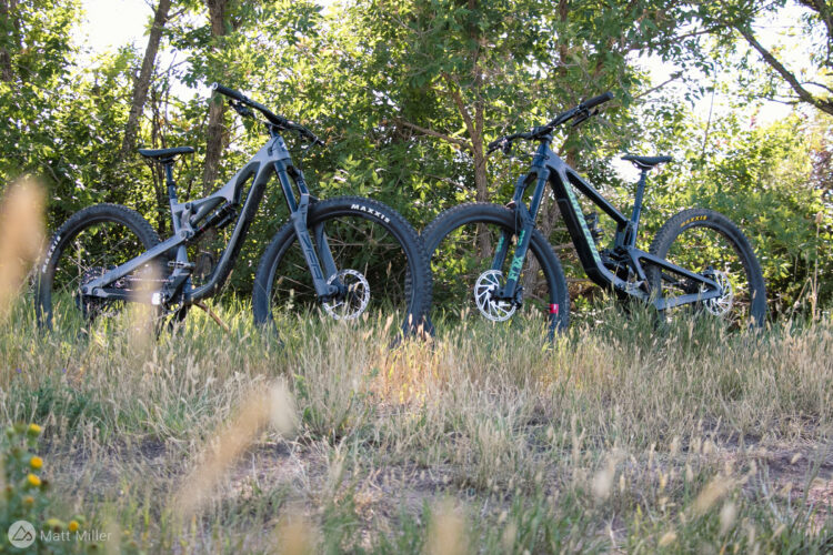 Two mountain bikes are leaning against each other in a grassy area surrounded by trees. The bikes have large tires and a sleek, modern design, highlighting their suitability for off-road cycling. Sunlight filters through the foliage, creating a warm outdoor atmosphere.