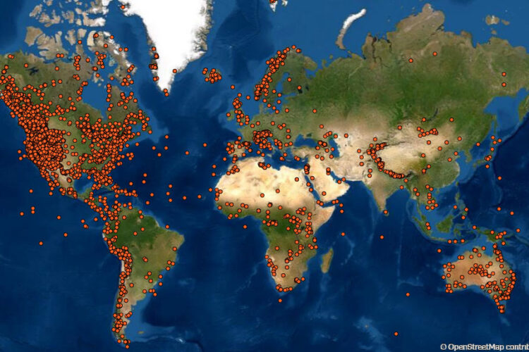 A world map highlighting various locations marked with orange dots, representing specific points of interest or data points across continents, including North America, South America, Europe, Africa, Asia, and Australia. The map features geographic details such as landmasses, oceans, and terrain variations.
