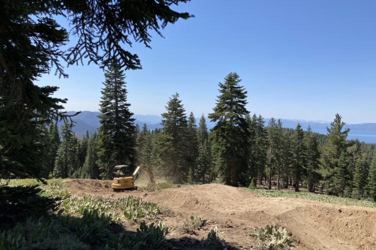 A construction site in a forested area featuring a yellow excavator working on soil excavation. The background shows tall evergreen trees and a distant view of a lake under a clear blue sky.