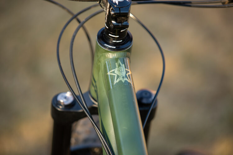 Close-up image of a bicycle's head tube featuring a green finish and a stylized graphic logo. The handlebars and cables are partially visible, set against a blurred outdoor background.