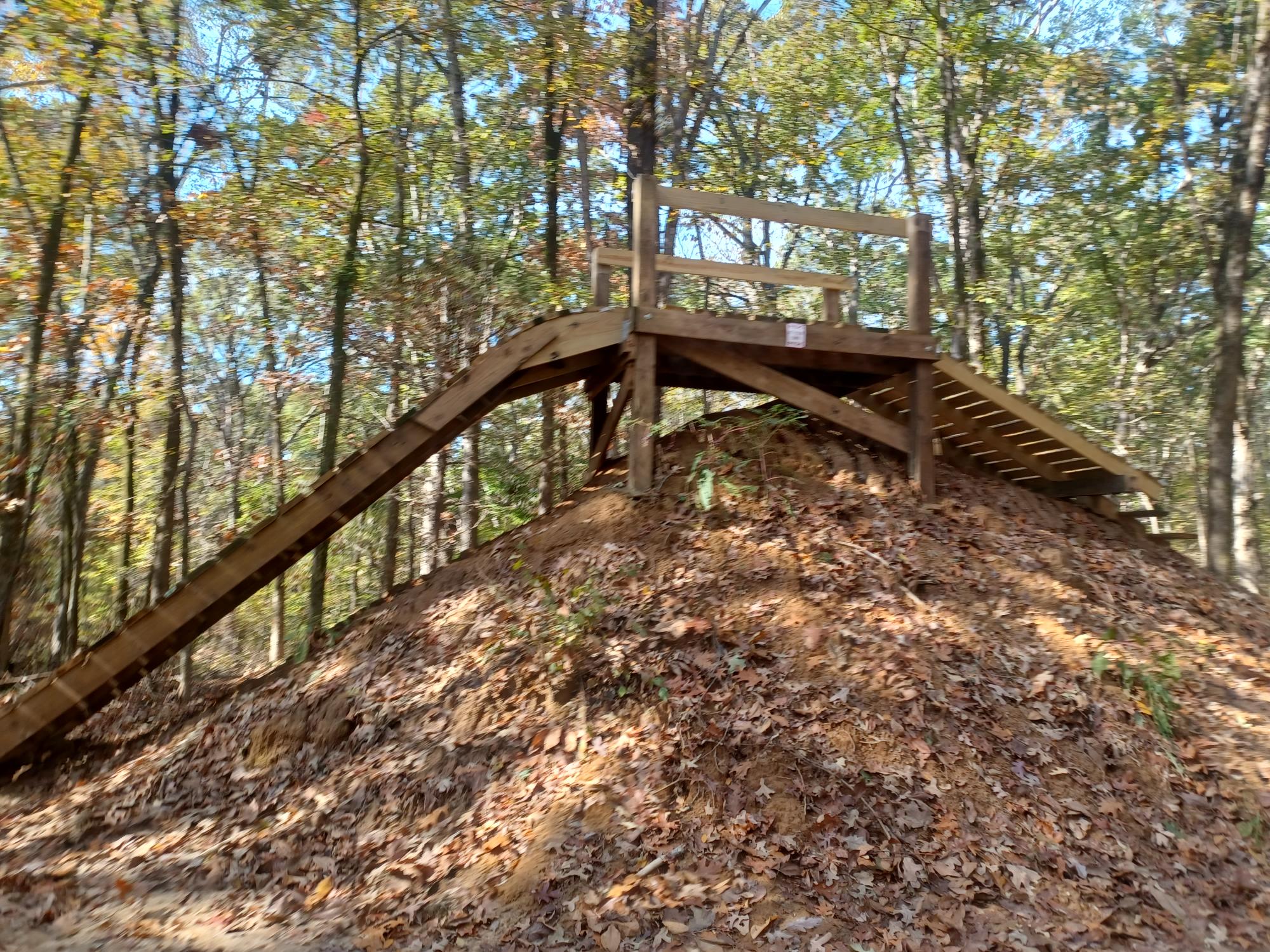 A wooden ramp leads up to a platform built on a mound, surrounded by trees with autumn leaves. The structure features a handrail and provides an elevated view of the forested area. Leaves cover the ground, creating a natural setting. Area 51 Mountain Bike Trail mountain bike trail.