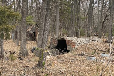 An overgrown, abandoned outdoor setting featuring a crumbling brick structure and a dilapidated metal shed surrounded by tall trees and scattered autumn leaves. Lehigh Portland Trails mountain bike trail.