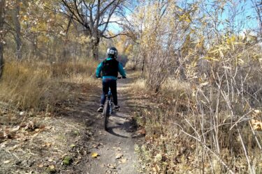 A child riding a bicycle along a narrow dirt path in a wooded area, surrounded by autumn foliage and tall grass. The sky is clear with a few clouds, and the scene captures the tranquility of nature in fall. Germania Park mountain bike trail.