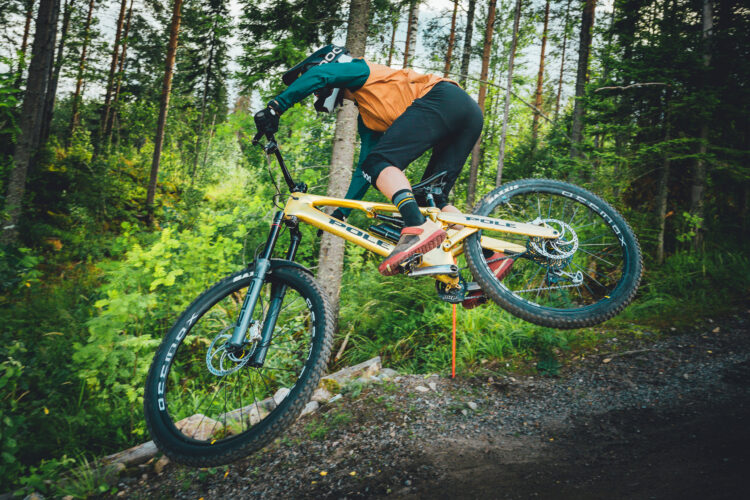 A mountain biker performing a jump on a trail surrounded by trees and greenery. The cyclist is wearing a helmet and protective gear, showing dynamic movement as the bike's front wheel rises off the ground. The colorful bike features a bright yellow frame and is in mid-air, demonstrating an adventurous spirit in a natural setting.