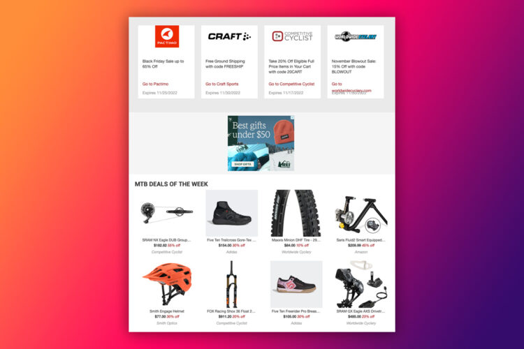Promotional image featuring various cycling product deals, including discounts on items from Pactimo, Craft, Competitive Cyclist, and Worldwide Cyclery. The layout includes sections for Black Friday sales, free shipping offers, and featured mountain bike deals, such as helmets, tires, and other cycling gear. There are also advertisements for gift ideas under $50.