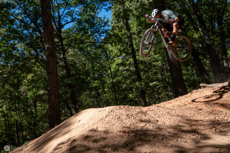 A mountain biker performing a jump over a dirt ramp in a wooded area, surrounded by tall trees and sunlight filtering through the leaves. The rider is mid-air with both wheels off the ground, showcasing their skills and technique.