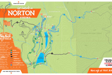 Map of Flag Rock area trails in Norton, Virginia, featuring various hiking and biking routes, camping areas, and nearby landmarks. The map highlights trail difficulty levels ranging from novice to expert and includes points of interest such as lakes and campgrounds. Flag Rock Area Trails (FRAT) mountain bike trail.