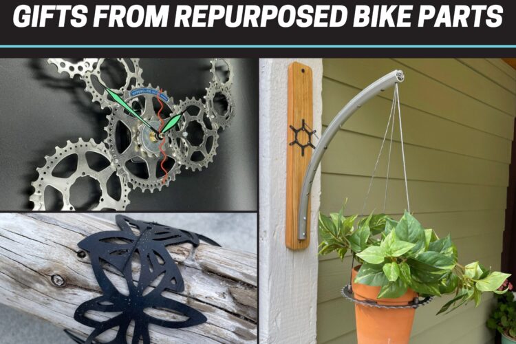 Alt tag description: A collage showcasing creative gifts made from repurposed bike parts. The top image features a decorative wall clock crafted from bicycle gears. The middle image displays a decorative black metal floral design resting on a piece of driftwood. The bottom image shows a hanging plant holder made from a bike rim, holding a potted plant against a light-colored wall.