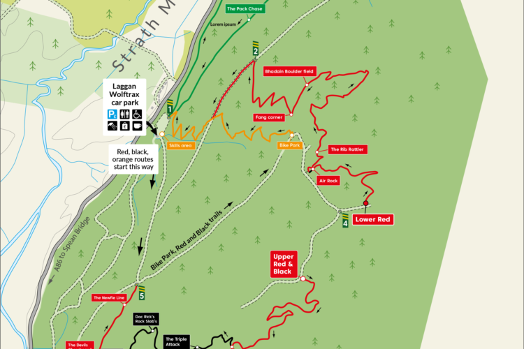 Map of Laggan Wolftrax bike trails, showing various routes marked in red, black, and orange, starting from the Laggan Wolftrax car park. Key features include the Skills area, Bike Park, and specific trails such as The Rib Rattler and Air Rock, with arrows indicating the direction of travel.