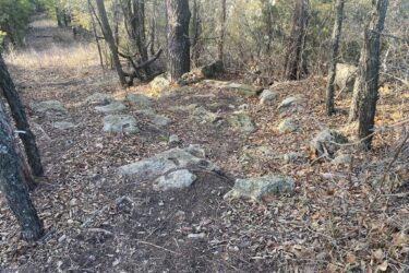 A rocky, forested trail with scattered leaves and trees. Sunlight filters through the branches, illuminating the ground, which features large rocks and a mixture of dirt and fallen leaves. North Loop mountain bike trail.