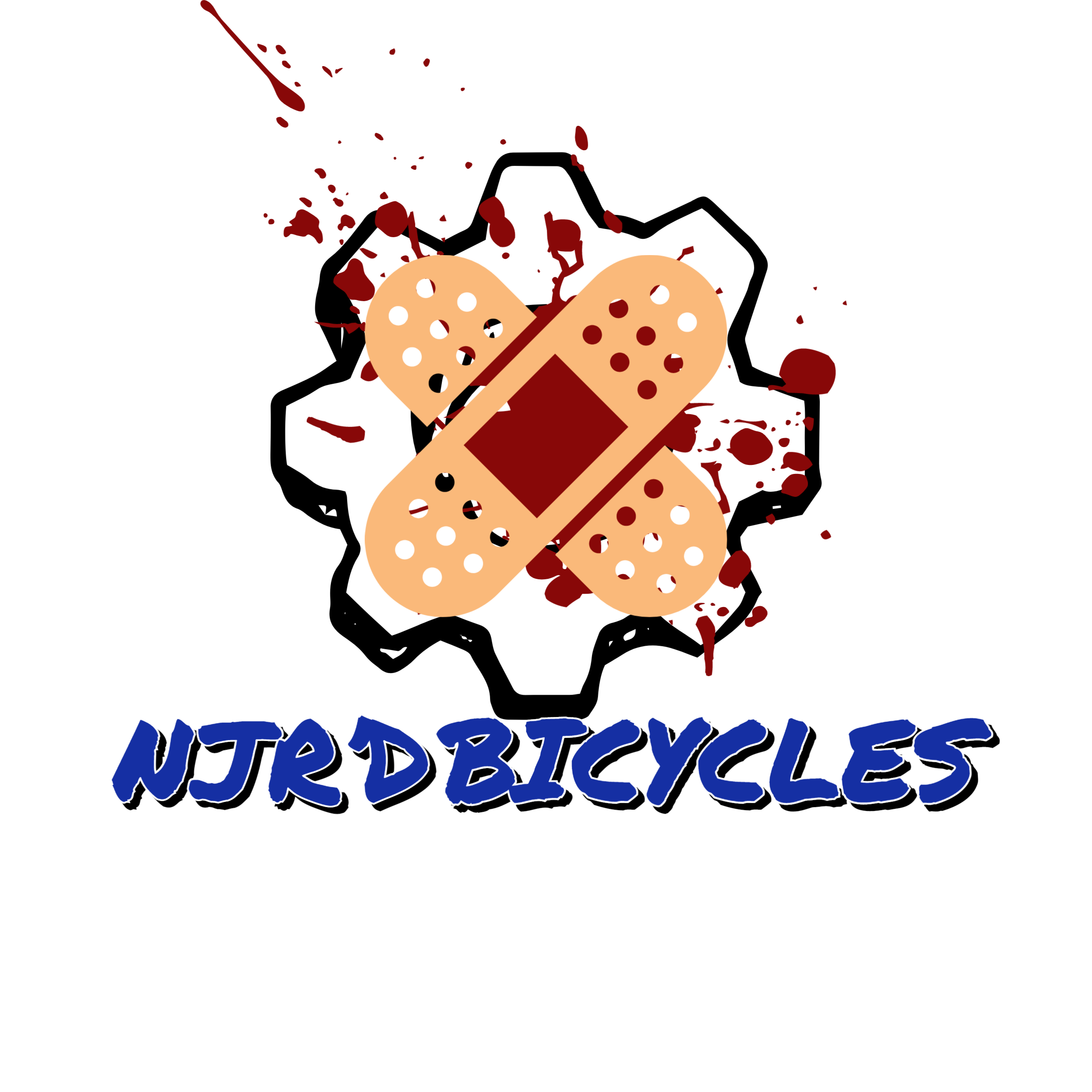 Logo design for NJRDBicycles featuring a stylized illustration of two bandages crossed over each other against a black background, with splashes of red. The brand name "NJRDBICYCLES" is displayed prominently in bold blue letters below the graphic.