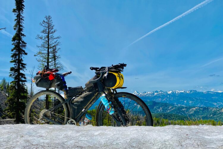 A mountain bike parked on a snowy surface, with mountain ranges and a clear blue sky in the background. Tall evergreen trees are visible on either side of the bike. The bike is equipped with various bags, including a yellow one and a water bottle attached to the frame.