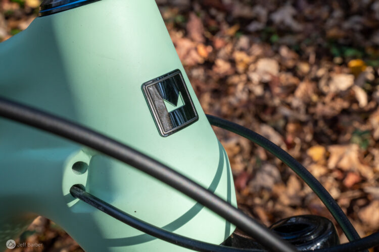 Close-up of a mint-green bicycle frame featuring a logo on the head tube, with black cables running down from the handlebars. The background is filled with fallen autumn leaves.
