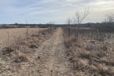 A dirt path cutting through a wide open area, flanked by dry grass and sparse vegetation under a clear, cloudy sky. Scattered trees can be seen in the distance, leading to a horizon of rolling land. Boulder Bluff Horse Trail mountain bike trail.