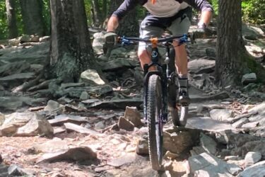 A mountain biker navigating a rocky trail in a forested area. The cyclist is wearing a helmet and protective gloves, focused on maintaining balance as they maneuver over large stones and roots. Sunlight filters through the trees, highlighting the rugged terrain.