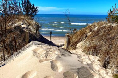A sandy pathway leading to the beach, surrounded by tall grasses and trees, with gentle ocean waves visible in the background under a clear blue sky. Footprints are scattered across the sand, indicating recent visitors. Pinery Provincial Park mountain bike trail.
