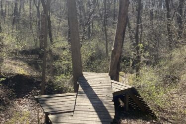 A wooden bridge with a unique design, situated in a wooded area. The bridge has multiple sections and slopes, connecting different levels of ground, with sunlight filtering through the trees. Surrounding vegetation includes leafless trees and early spring greenery, with a dirt path leading towards the bridge. Wyandotte County Lake - WyCo mountain bike trail.