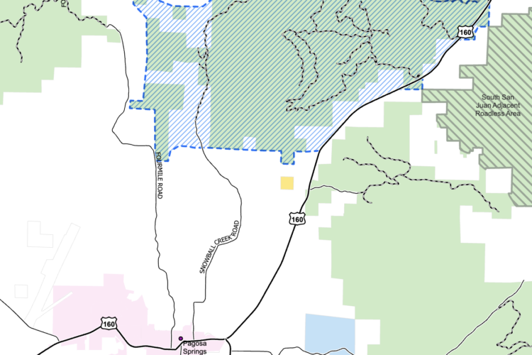 A detailed map of the Jackson Mountain Landscape and its vicinity, featuring various land designations including Jackson Mountain Analysis Area, Colorado State, private lands, and National Forest areas. The map highlights major highways, public roads, and the town of Pagosa Springs, with a scale bar indicating distances. The legend provides information on land management designations, including Bureau of Land Management and Colorado Roadless Areas, as well as other relevant features.