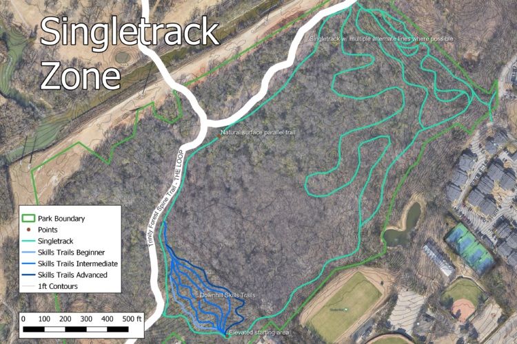 A detailed map of the "Singletrack Zone" within a park, featuring the park boundary outlined in green. The map includes multiple trails, including singletrack and skill trails for different experience levels. Key features include contour lines, a natural surface parallel trail, and designated skills areas for beginners, intermediates, and advanced riders. The map also highlights an elevated starting area and various points of interest.