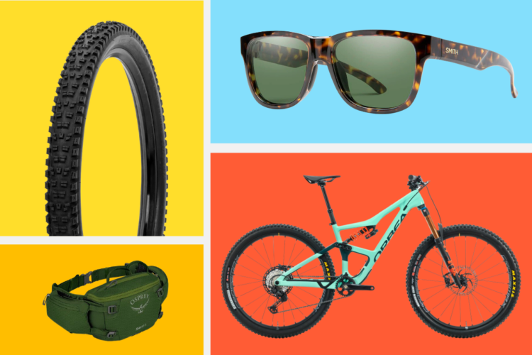 Image depicting various outdoor gear items including a mountain bike tire, stylish sunglasses, a green waist pack, and a mountain bike, all set against vibrant colored backgrounds.