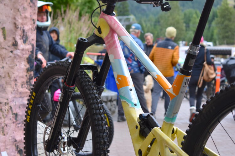 Close-up of a colorful mountain bike, featuring a yellow and pastel-patterned frame. The background shows a group of people engaged in outdoor activities, with soft focus on the surroundings and vibrant greenery.