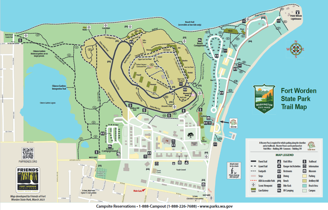 Alt text: "Trail map of Fort Worden State Park, showing various trails, landmarks, and facilities including camping areas, a beach, and points of interest like the lighthouse and Chinese Gardens." Trail L-1 mountain bike trail.