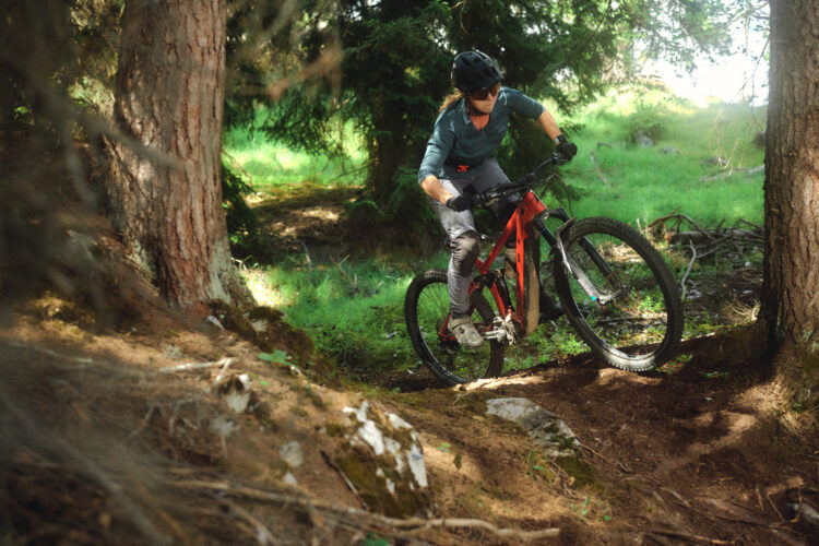 A mountain biker navigating a forest trail on a red bicycle, surrounded by trees and greenery. The rider is focused and wearing a helmet and riding gear. Sunlight filters through the trees, illuminating the path ahead.