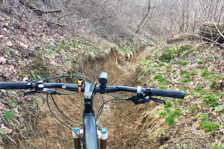 A close-up view of mountain bike handlebars positioned above a dirt trail surrounded by sparse vegetation and bare trees. The path, showing signs of wear, winds through the landscape.