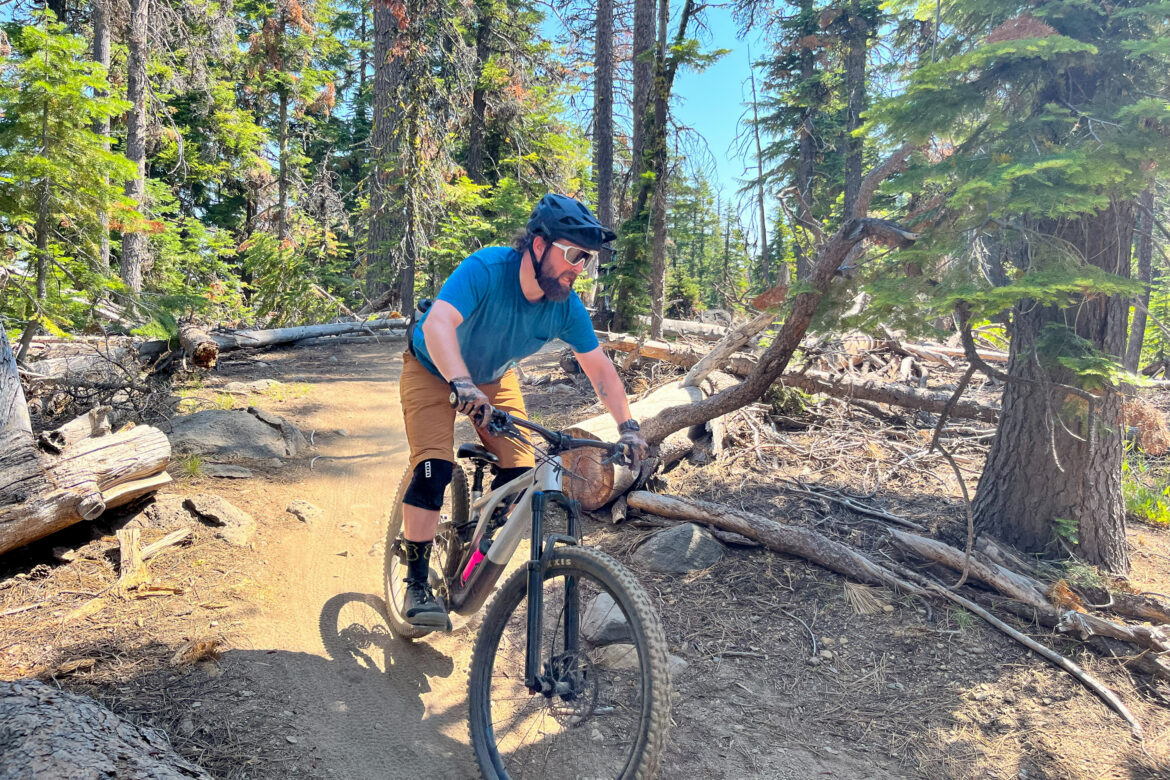 A man in a blue shirt and brown shorts rides a mountain bike on a dirt trail surrounded by trees and fallen logs. He is wearing a helmet and sunglasses, focused on navigating the trail. The scene is bright and captures a lively outdoor setting.