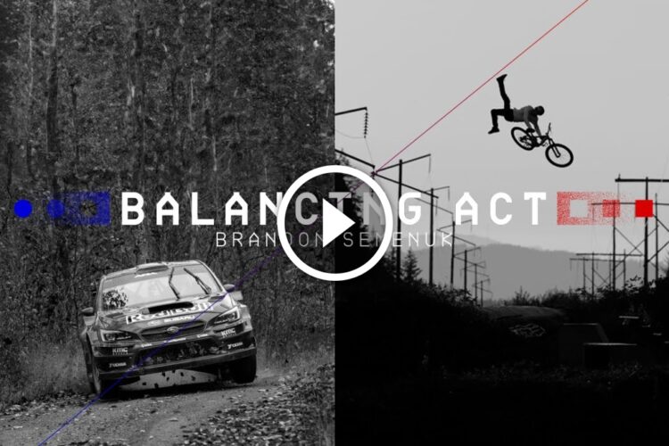 A split image featuring a rally car driving through a wooded area on the left, and a BMX rider performing a trick in mid-air on the right. The center displays the title "BALANCING ACT" in bold letters, with the name "BRANDON SEMENUK" below. The overall tone is dynamic and adventurous, emphasizing the thrilling nature of both motorsport and cycling.