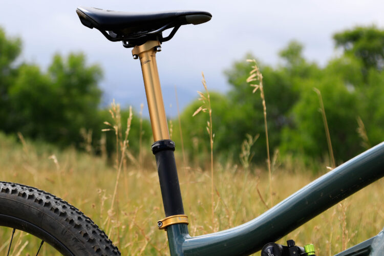 Close-up view of a mountain bike seat and seat post, featuring a black saddle and a gold anodized adjustment column, set against a blurred background of green grass and trees under a cloudy sky.