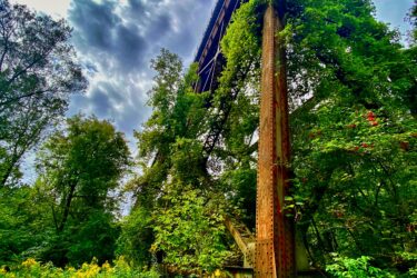 A rusted steel bridge support surrounded by lush greenery, with a dramatic sky filled with clouds overhead. The bridge looms above, partially obscured by vines and trees, showcasing a blend of nature and industrial elements. Seaton Trail mountain bike trail.