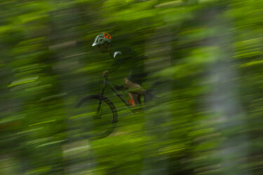 A blurred image of a mountain biker navigating through a lush green forest, conveying a sense of speed and movement. The biker wears a helmet and cycling gear, with emphasis on the surrounding greenery. Back 40 mountain bike trail.