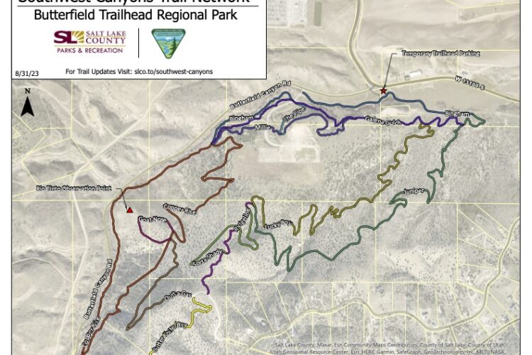 Map of the Southwest Canyons Trail Network at Butterfield Trailhead Regional Park, showing various hiking and biking trails. The map includes color-coded trails, trail names, key landmarks, and parking information. North is indicated at the top, with a scale for reference. The date of the map is August 31, 2023.