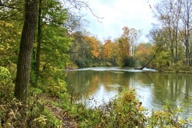 A scenic view of a tranquil river surrounded by autumn foliage. A dirt path winds along the riverbank, flanked by lush greenery and fallen leaves. The sky is overcast, creating a serene atmosphere in this natural setting. Western University trails mountain bike trail.